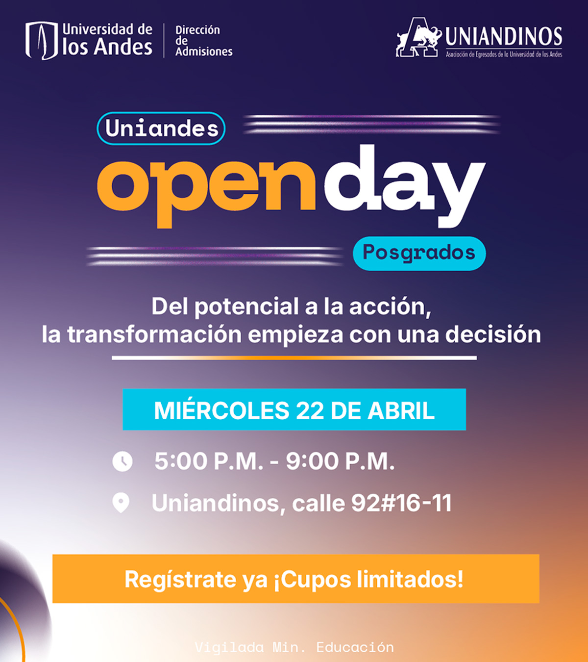 Open Day Posgrados Uniandes: próximo miércoles 22 de abril de 2026 a las 5:00 p.m. en la Sede Nacional de Uniandinos.
