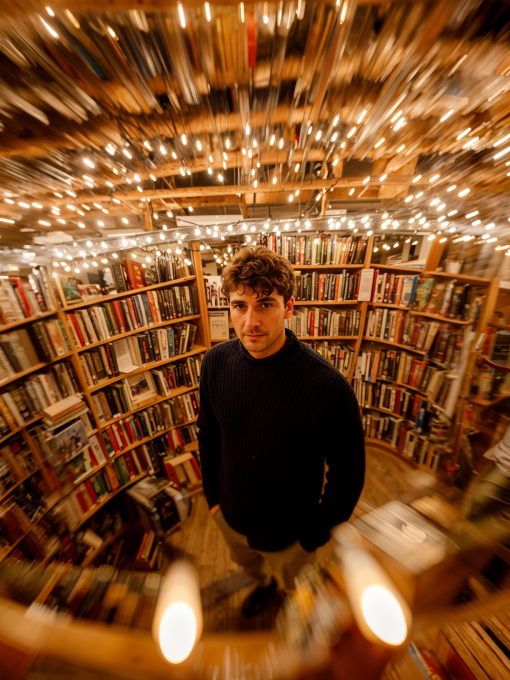 Hombre en biblioteca con luces
