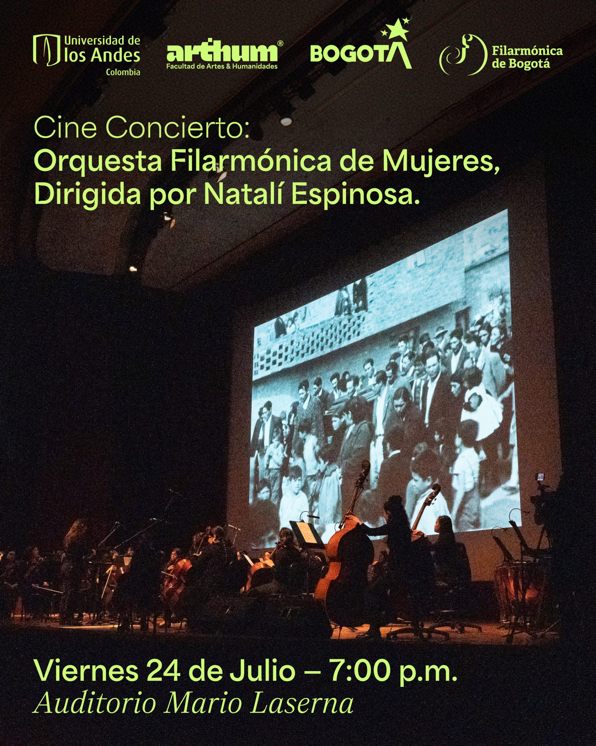 Cine concierto con la Orquesta Filarmónica de Mujeres de Bogota, viernes 24 de julio de 2026 a las 7:00 p.m. en la Universidad de los Andes.